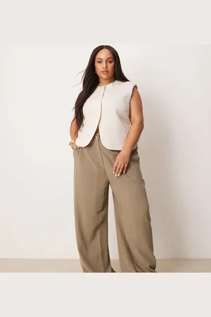ASOS Curve relaxed straight leg trousers with linen in khaki
