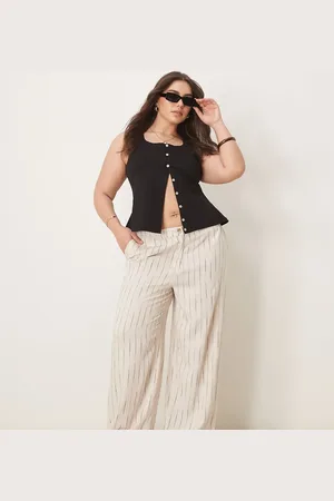 ASOS Curve relaxed straight leg trousers with linen in natural squiggle stripe