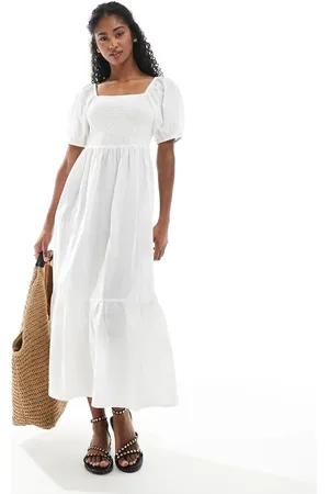 Accessorize Accesorize puff sleeve shirred dress in with embroidry detail