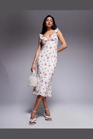 Love Triangle Frill v-neck midi dress in textured floral check