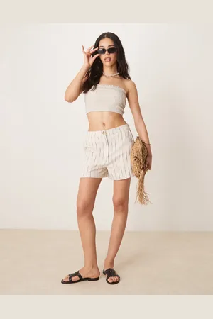 ASOS Relaxed dad short with linen in natural squiggle stripe