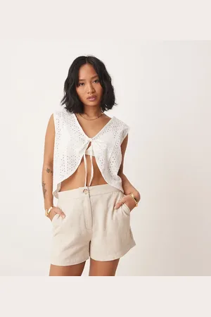 ASOS Petite relaxed dad shorts with linen in stone