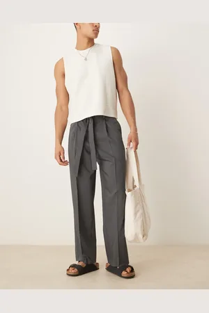 ASOS Smart wide leg trousers with belt detail and front pleat in charcoal pinstripe