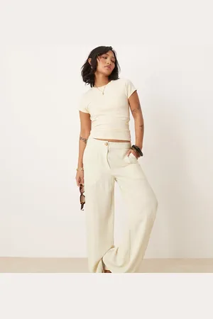 ASOS Petite relaxed straight leg trousers with linen in off