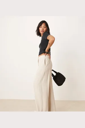ASOS Petite relaxed straight leg trousers with linen in natural