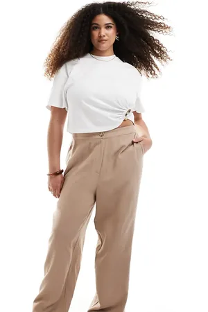 ASOS Curve relaxed straight leg trousers with linen in mocha