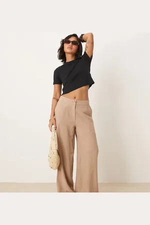 ASOS Petite relaxed straight leg trousers with linen in mocha