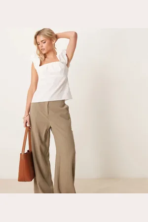 ASOS Petite relaxed straight leg trousers with linen in khaki