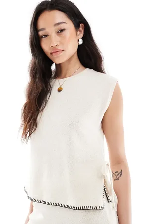 Pieces® Knitted tank top with contrast stitch co-ord in sandshell