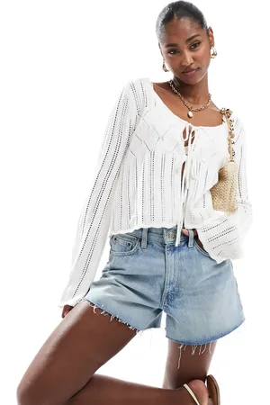 Hollister Long sleeve tie front crochet top in beige