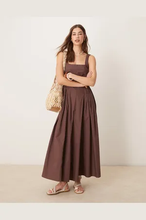 ASOS Scoop neck pleat waist midi dress in chocolate