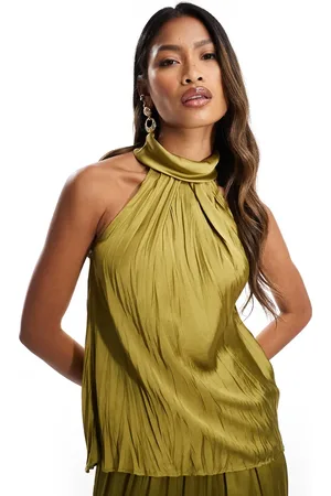 River Island Plisse satin halterneck top co-ord in khaki