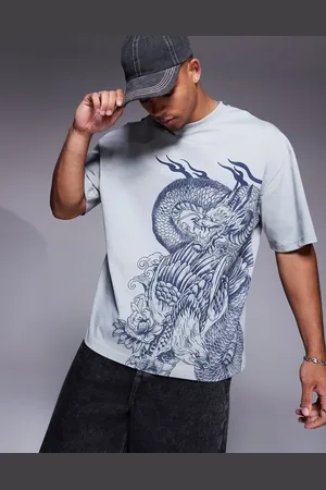 River Island Japanese dragon embroidered t-shirt in light