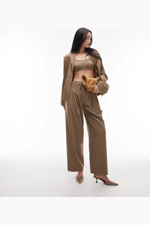 ASOS Wide leg pleated trouser in camel pinstripe