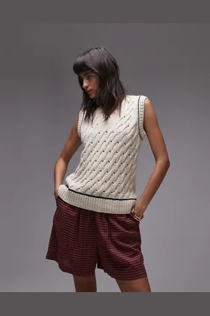 Topshop Knitted open stitch v neck tank in ivory