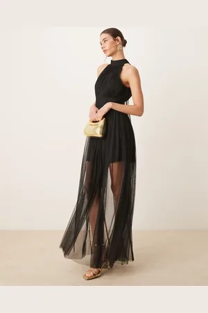 Lace & Beads Halterneck tulle sheer skirt maxi dress in