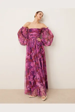Lace & Beads Off shoulder balloon sleeve tulle maxi dress in purple floral