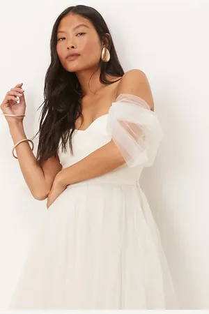 Lace & Beads Off shoulder tulle mini dress in ivory