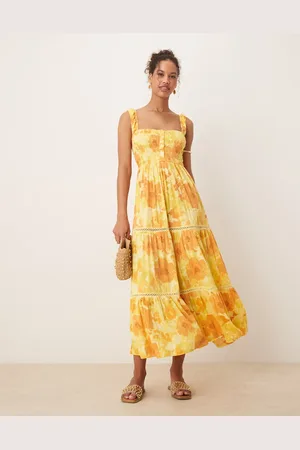 ASOS Ruched square neck tiered midi dress with lace inserts in orange floral