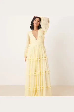 Lace & Beads Boho ruffle maxi dress in butter