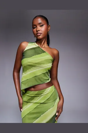 ASOS Co-ord mesh one shoulder asymmetric top in green abstract print