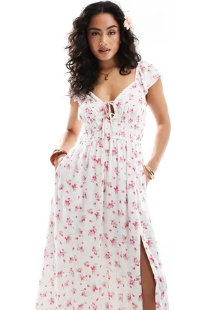 Hollister Short sleeve milkmaid midi slit dress in floral