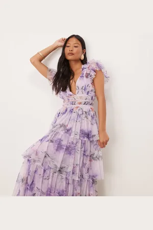 Lace & Beads Ruffle shoulder tiered tulle maxi dress in lilac floral
