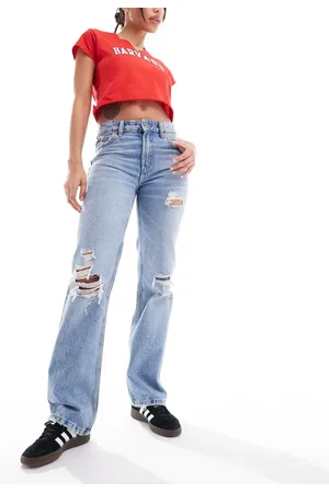 Stradivarius Straight leg jean with rips in bleach wash