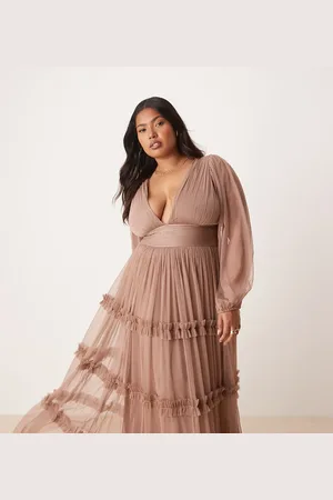 Lace & Beads Boho ruffle maxi dress in soft taupe