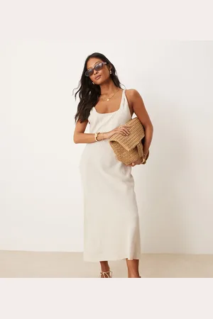 ASOS ASOS DESIGN Petite linen look twist strap bias maxi dress in oatmeal