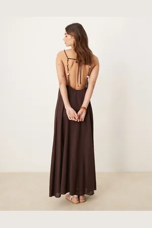 ASOS Ivy linen blend maxi beach dress with bead and back detail in