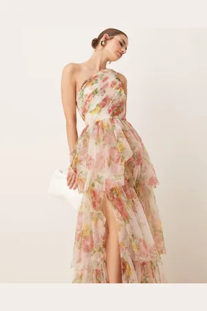 Lace & Beads One shoulder tiered tulle maxi dress in bright floral