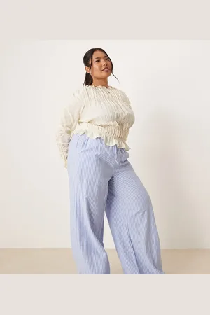 VILA Highwaist wide leg stripe dad pant with turn up cuff in