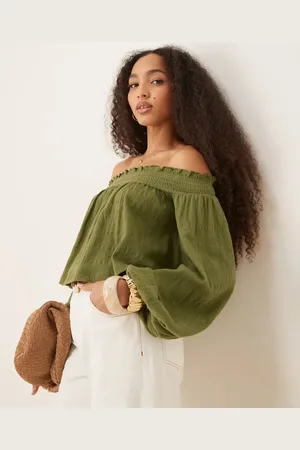 ASOS Crinkle off shoulder balloon sleeve top in olive