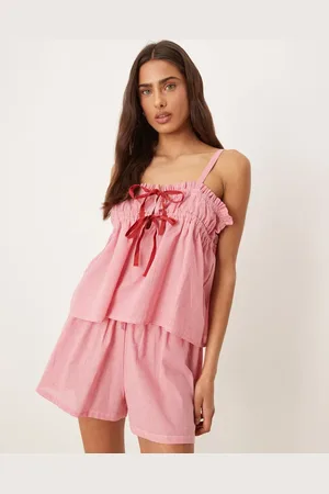 Luna Cropped cami pj top co ord in strawberry gingham