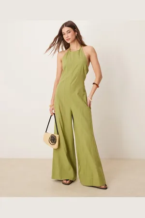 ASOS Halterneck seamed jumspuit with wide leg in sage