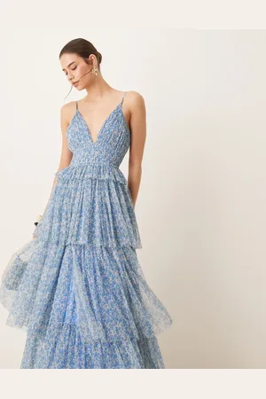 Lace & Beads Tiered shirred maxi dress in floral