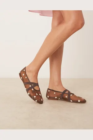 MANGO Floral embroidered mesh ballet pump in