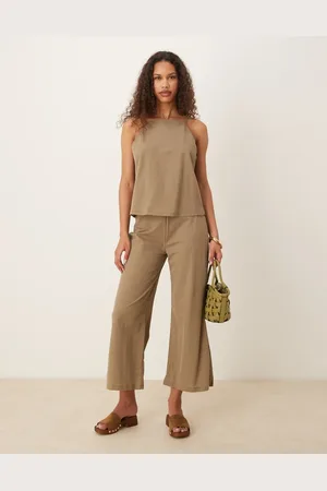 MANGO Linen mix elasticated waist wide leg trouser co-ord in beige
