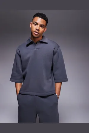 ASOS Oversized sweatshirt with short sleeves and rugby collar in charcoal