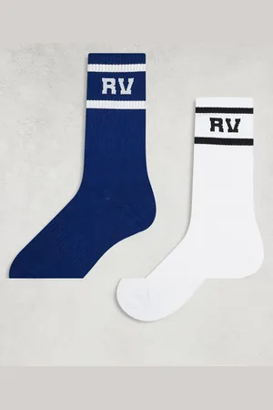 Reclaimed Unisex 2 pack sports socks with stripe in white and blue