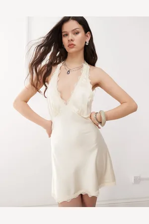 Lioness Stars align satin lace trim halterneck plunge mini slip dress in cream