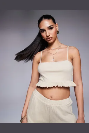 ASOS Co-ord crinkle frill hem cami crop top in stone