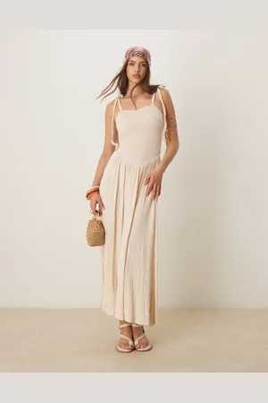 ASOS Crinkle shirred bodice tie cami strap midi sundress in stone