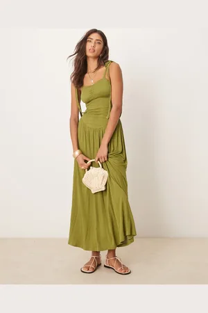 ASOS Crinkle shirred bodice tie cami strap midi sundress in olive