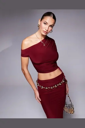 Kaiia Exclusive slinky ruched off shoulder drawstring top co-ord in burgundy