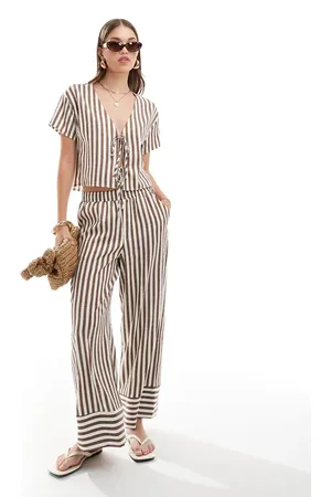 ASOS Pull on poplin trousers co-ord in brown stripe