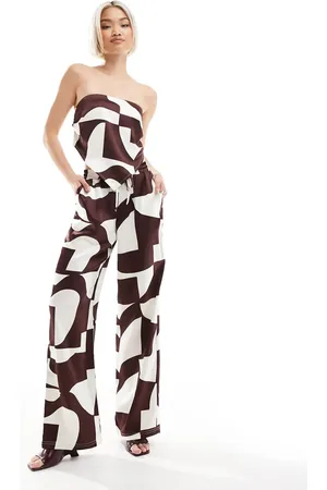 4th & Reckless Drawstring satin wide leg trousers co-ord in brown geo print