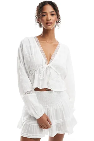 Pull&Bear Seersucker textured tie detail blouse co-ord in