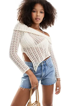 Pull&Bear Textured knit bardot top with scarf hem in ecru